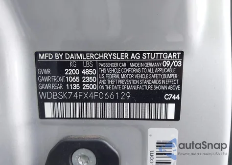 2004 Mercedes-Benz Sl 55 Amg z USA, uszkodzony, nr VIN WDBSK74FX4F066129